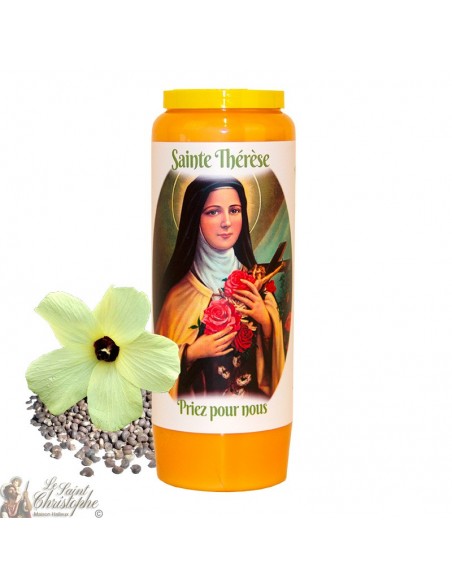 Novena candle scented with musk for saint Theresa of Lisieux