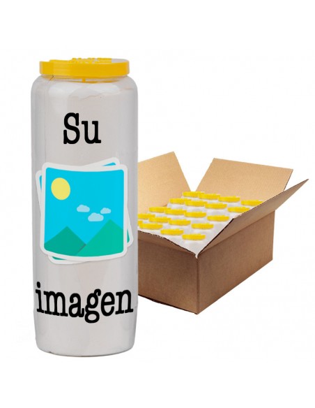 Velas de novena con su imagen y texto - personalizables - caja 20 unidades