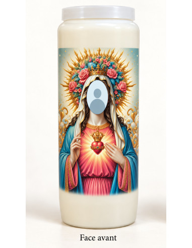 Vela de novena con tu rostro y texto – María coronada de rosas