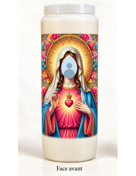 Vela con tu rostro – María con aureola dorada y flores