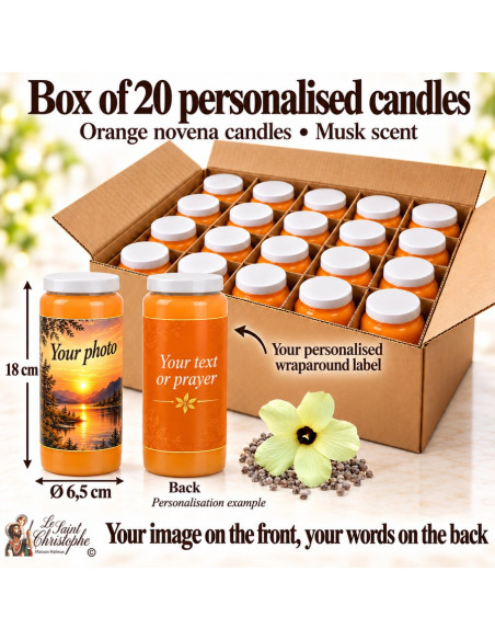 20 bougies orange au musc personnalisables avec photo