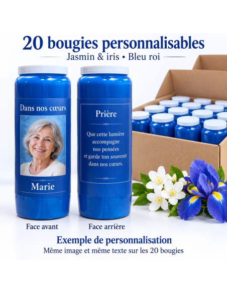 20 velas de novena azul real personalizables – jazmín e iris